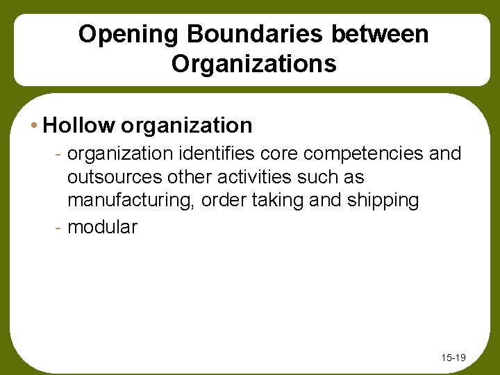 Opening Boundaries between Organizations • Hollow organization - organization identifies core competencies and outsources