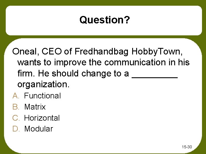 Question? Oneal, CEO of Fredhandbag Hobby. Town, wants to improve the communication in his