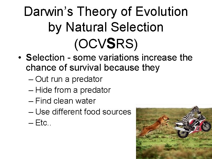 Darwin’s Theory of Evolution by Natural Selection (OCVSRS) • Selection - some variations increase
