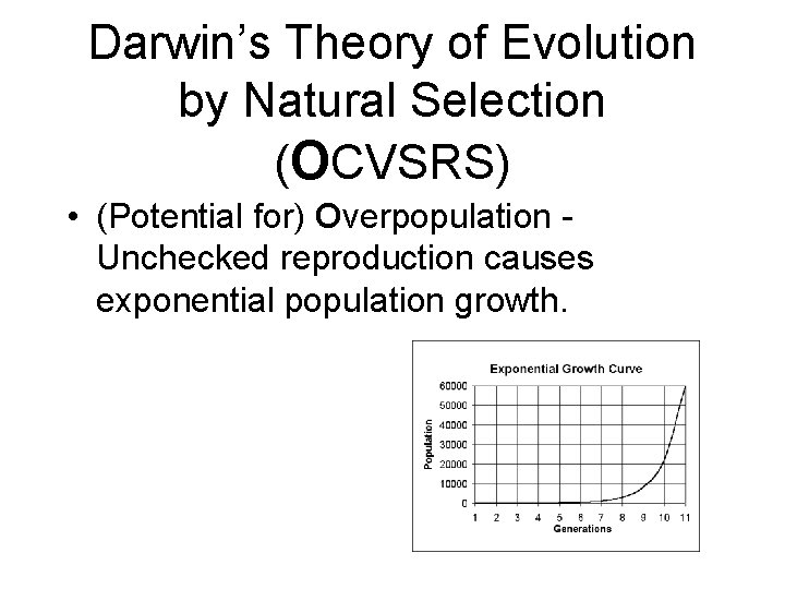 Darwin’s Theory of Evolution by Natural Selection (OCVSRS) • (Potential for) Overpopulation Unchecked reproduction