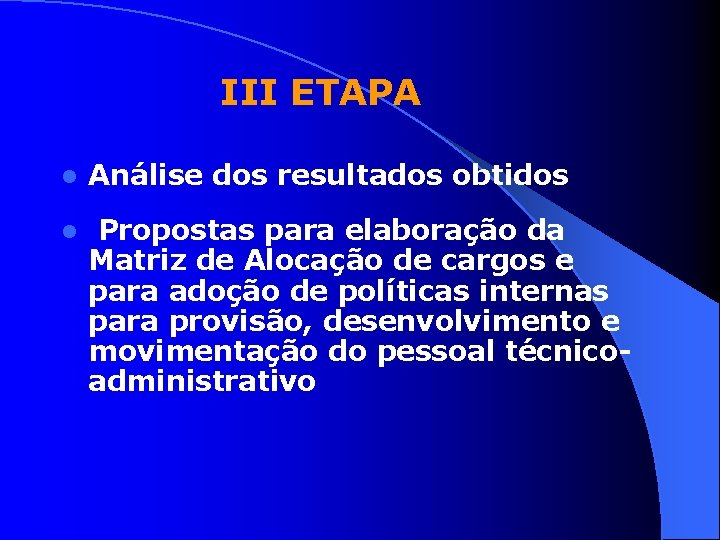 III ETAPA l Análise dos resultados obtidos l Propostas para elaboração da Matriz de