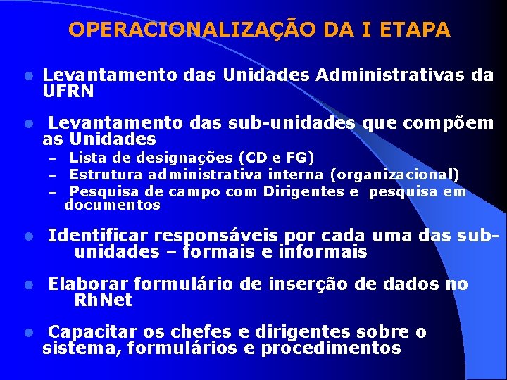 OPERACIONALIZAÇÃO DA I ETAPA l Levantamento das Unidades Administrativas da UFRN l Levantamento das