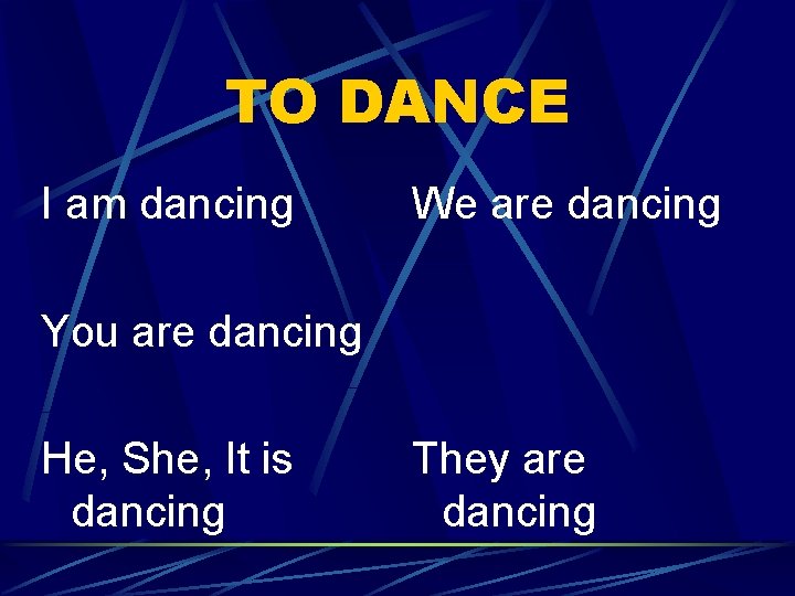 TO DANCE I am dancing We are dancing You are dancing He, She, It