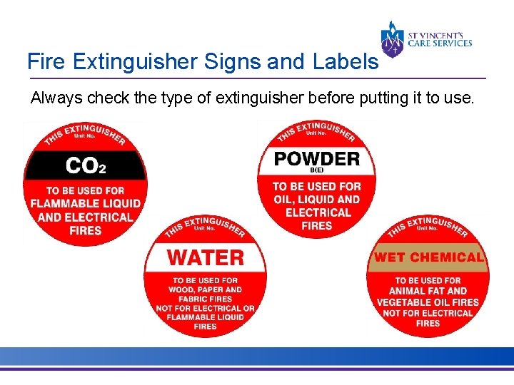 Fire Extinguisher Signs and Labels Always check the type of extinguisher before putting it Fire Extinguisher Signs and Labels Always check the type of extinguisher before putting it