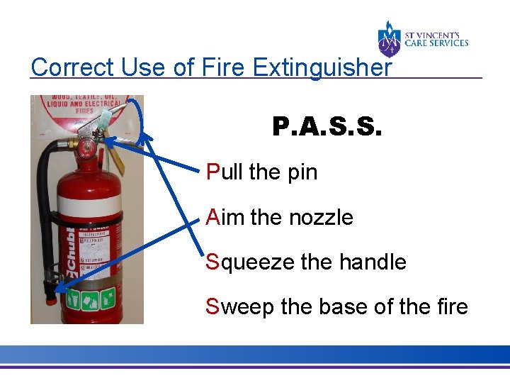 Correct Use of Fire Extinguisher P. A. S. S. Pull the pin Aim the Correct Use of Fire Extinguisher P. A. S. S. Pull the pin Aim the