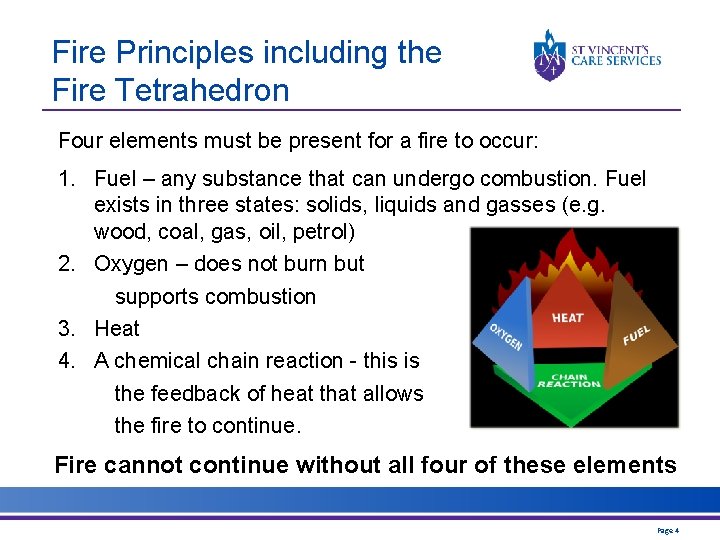 Fire Principles including the Fire Tetrahedron Four elements must be present for a fire Fire Principles including the Fire Tetrahedron Four elements must be present for a fire