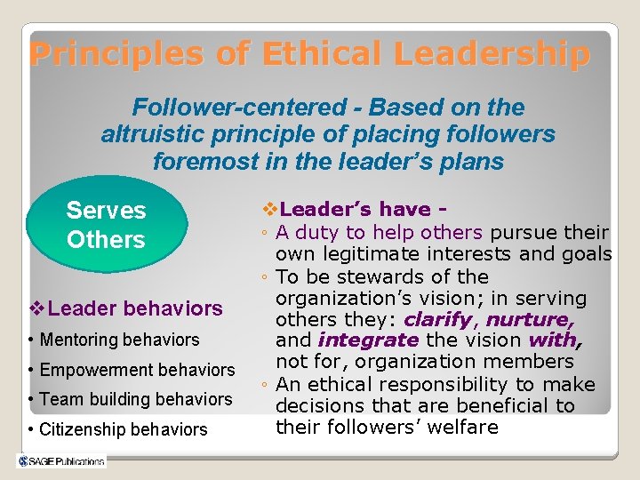 Principles of Ethical Leadership Follower-centered - Based on the altruistic principle of placing followers