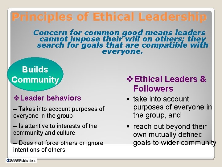 Principles of Ethical Leadership Concern for common good means leaders cannot impose their will