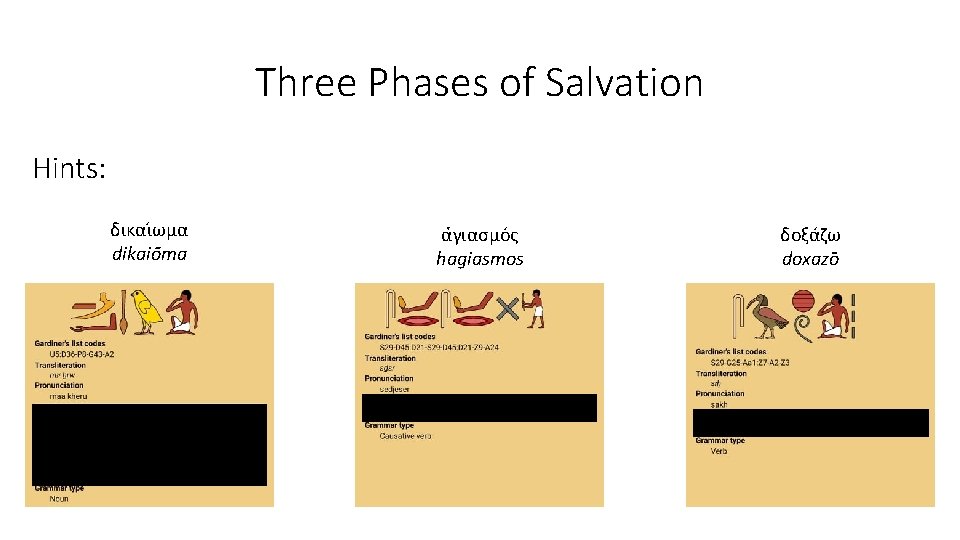 Three Phases of Salvation Hints: δικαι ωμα dikaio ma α γιασμο ς hagiasmos δοξα