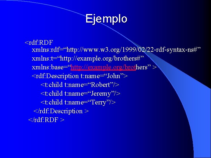 Ejemplo <rdf: RDF xmlns: rdf=“http: //www. w 3. org/1999/02/22 -rdf-syntax-ns#” xmlns: t=“http: //example. org/brothers#”