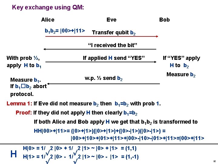 Key exchange using QM: Alice Eve b 1 b 2= |00>+|11> Bob Transfer qubit