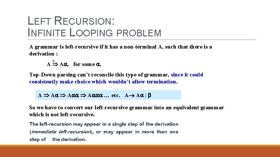 LEFT RECURSION: INFINITE LOOPING PROBLEM A grammar is left-recursive if it has a non-terminal
