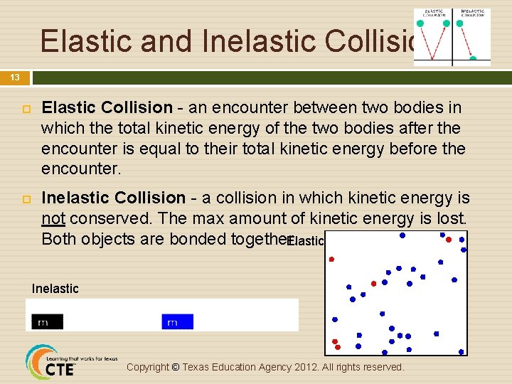 Elastic and Inelastic Collision 13 Elastic Collision - an encounter between two bodies in