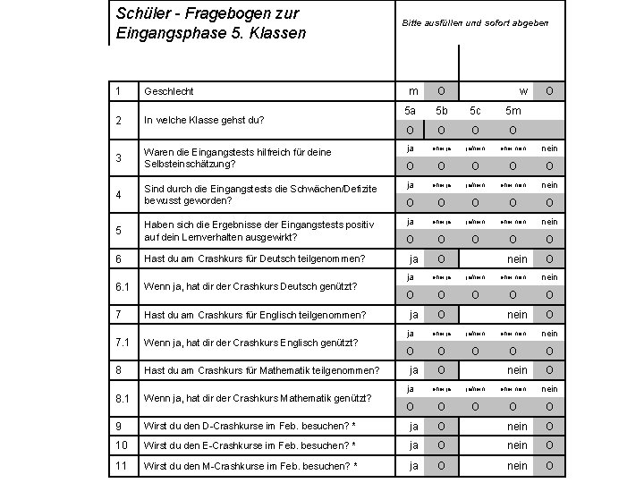 Schüler - Fragebogen zur Eingangsphase 5. Klassen Bitte ausfüllen und sofort abgeben 1 Geschlecht