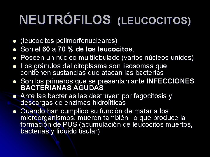 NEUTRÓFILOS l l l l (LEUCOCITOS) (leucocitos polimorfonucleares) Son el 60 a 70 %