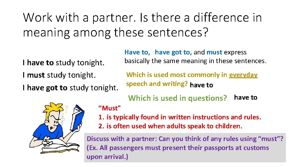 Work with a partner. Is there a difference in meaning among these sentences? Have