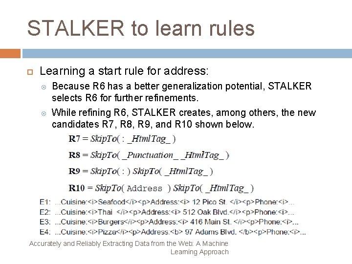 STALKER to learn rules Learning a start rule for address: Because R 6 has