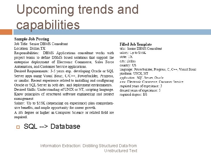 Upcoming trends and capabilities SQL --> Database Information Extraction: Distilling Structured Data from Unstructured