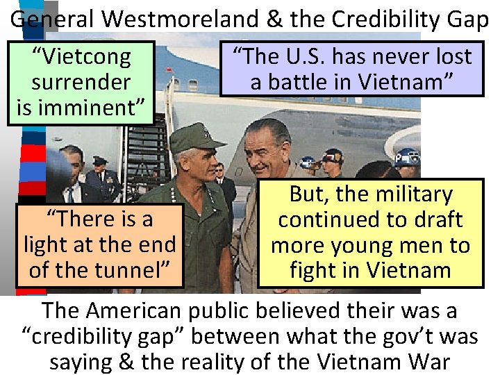 General Westmoreland & the Credibility Gap “Vietcong surrender is imminent” “There is a light