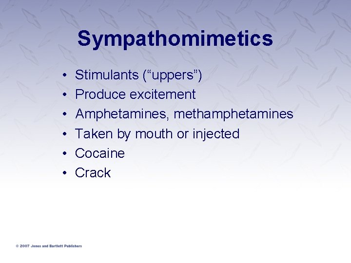 Sympathomimetics • • • Stimulants (“uppers”) Produce excitement Amphetamines, methamphetamines Taken by mouth or Sympathomimetics • • • Stimulants (“uppers”) Produce excitement Amphetamines, methamphetamines Taken by mouth or