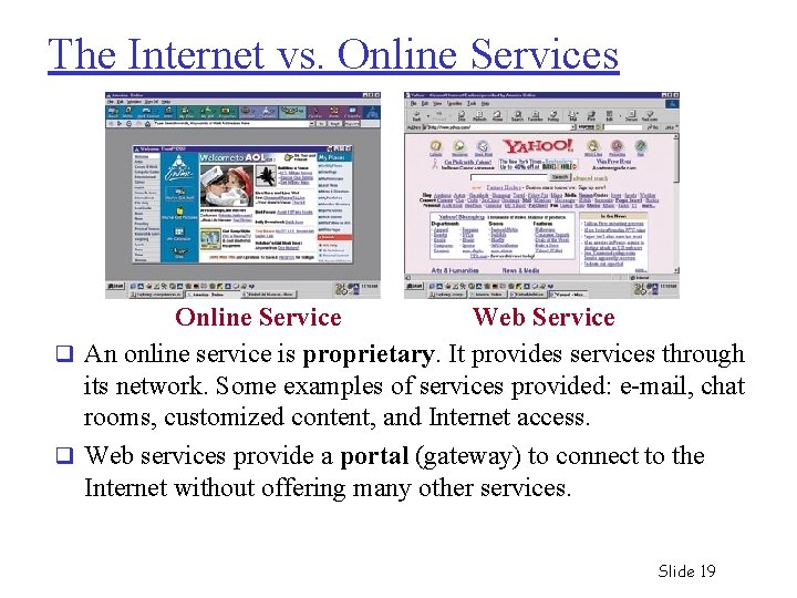The Internet vs. Online Services Online Service Web Service q An online service is