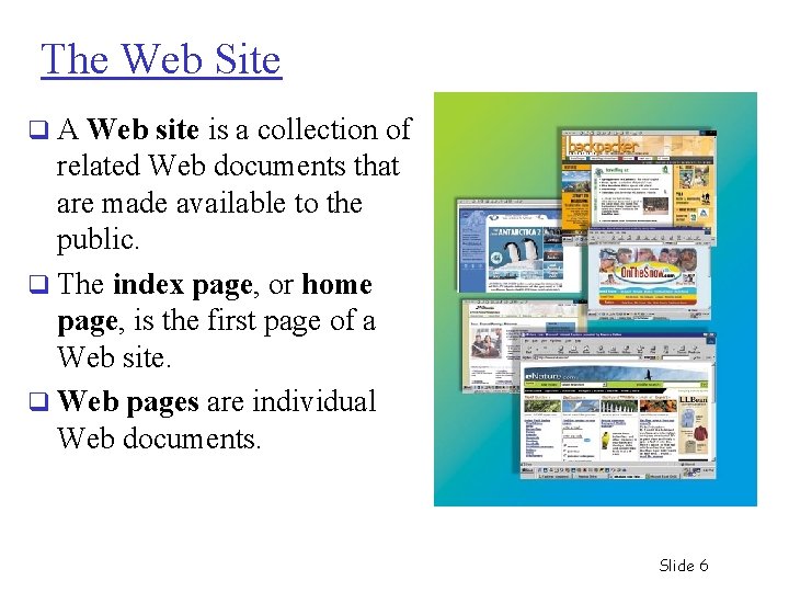 The Web Site q A Web site is a collection of related Web documents
