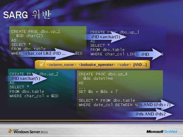 SARG 위반 CREATE PROC dbo. up_1 @ID char(2) AS SELECT * FROM dbo. table