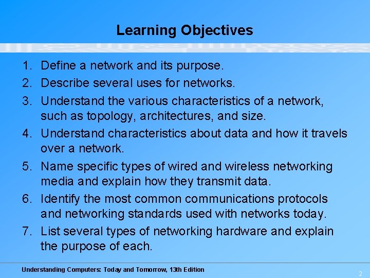 Learning Objectives 1. Define a network and its purpose. 2. Describe several uses for Learning Objectives 1. Define a network and its purpose. 2. Describe several uses for