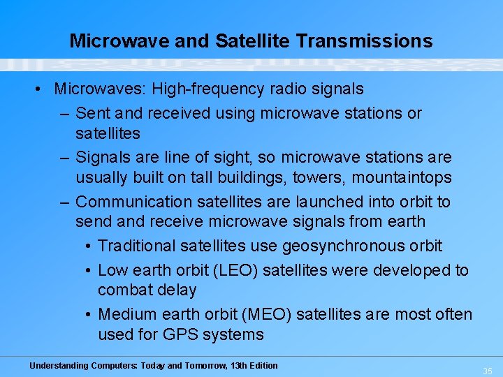 Microwave and Satellite Transmissions • Microwaves: High-frequency radio signals – Sent and received using Microwave and Satellite Transmissions • Microwaves: High-frequency radio signals – Sent and received using