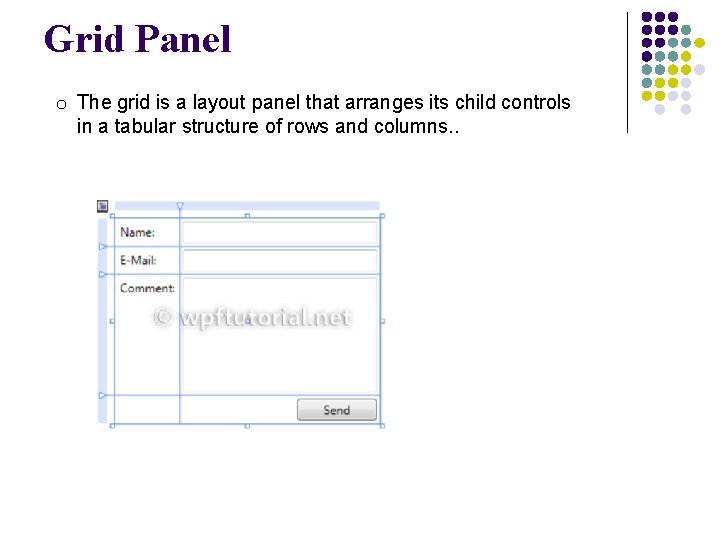 Grid Panel o The grid is a layout panel that arranges its child controls