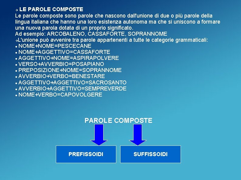 LE PAROLE COMPOSTE Le parole composte sono parole che nascono dall'unione di due o