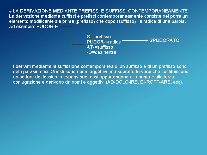 LA DERIVAZIONE MEDIANTE PREFISSI E SUFFISSI CONTEMPORANEAMENTE La derivazione mediante suffissi e prefissi contemporaneamente