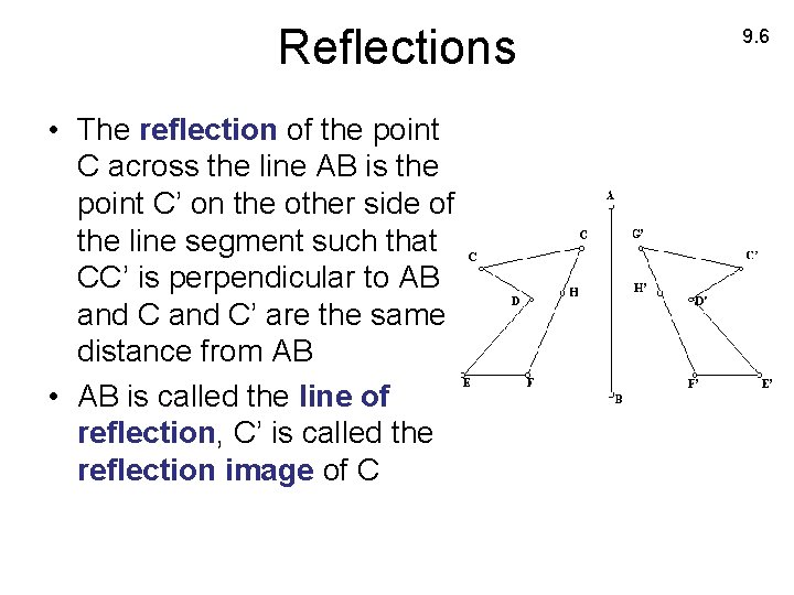 Reflections • The reflection of the point C across the line AB is the