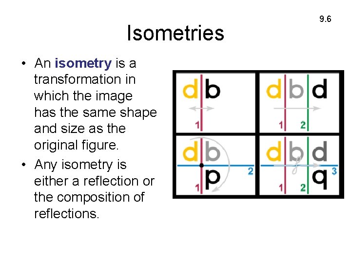 Isometries • An isometry is a transformation in which the image has the same