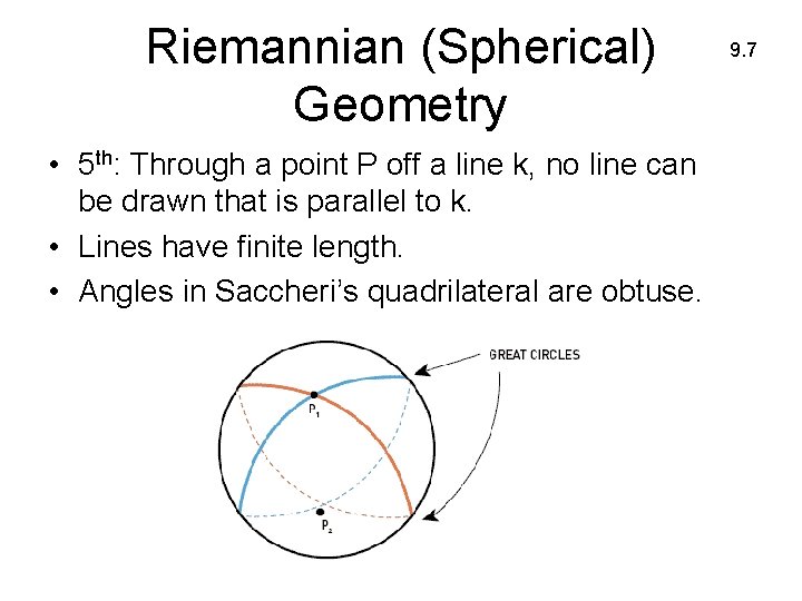 Riemannian (Spherical) Geometry • 5 th: Through a point P off a line k,