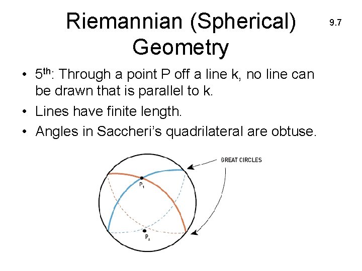 Riemannian (Spherical) Geometry • 5 th: Through a point P off a line k,