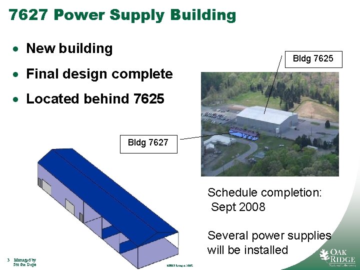 7627 Power Supply Building · New building Bldg 7625 · Final design complete ·