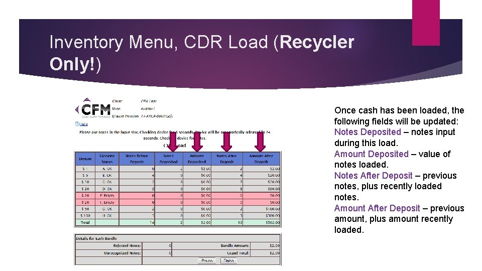Inventory Menu, CDR Load (Recycler Only!) Once cash has been loaded, the following fields