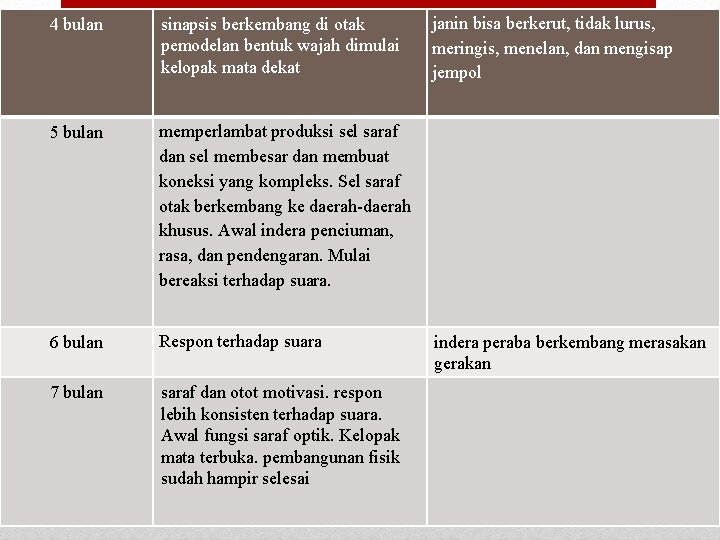 4 bulan sinapsis berkembang di otak pemodelan bentuk wajah dimulai kelopak mata dekat 5