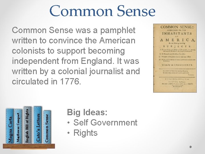 Common Sense Cato’s Letters English Bill of Rights Mayflower Compact Magna Carta Common Sense