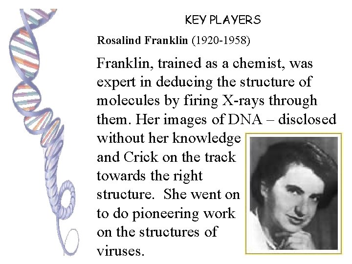 KEY PLAYERS Rosalind Franklin (1920 -1958) Franklin, trained as a chemist, was expert in