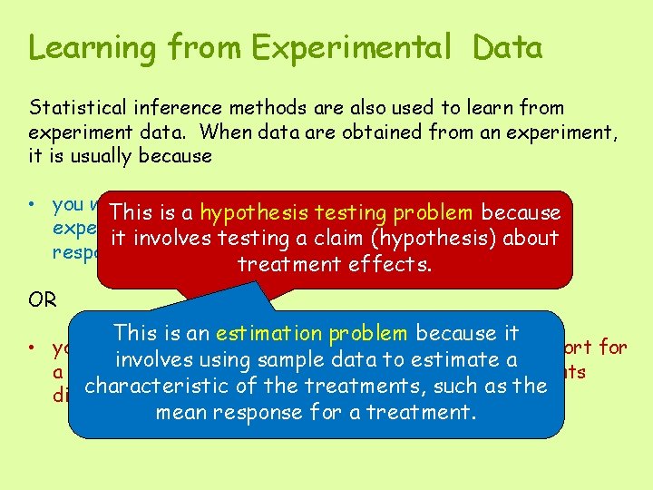 Learning from Experimental Data Statistical inference methods are also used to learn from experiment