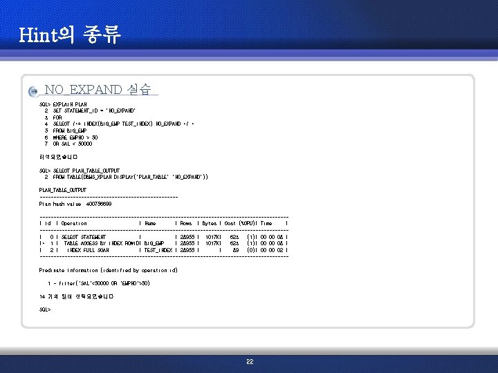 Hint의 종류 NO_EXPAND 실습 SQL> 2 3 4 5 6 7 EXPLAIN PLAN SET