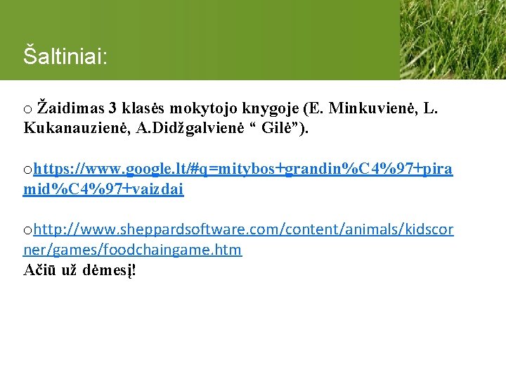 Šaltiniai: o Žaidimas 3 klasės mokytojo knygoje (E. Minkuvienė, L. Kukanauzienė, A. Didžgalvienė “