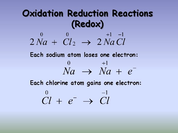 Oxidation Reduction Reactions (Redox) Each sodium atom loses one electron: Each chlorine atom gains