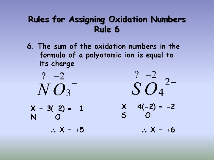 Rules for Assigning Oxidation Numbers Rule 6 6. The sum of the oxidation numbers