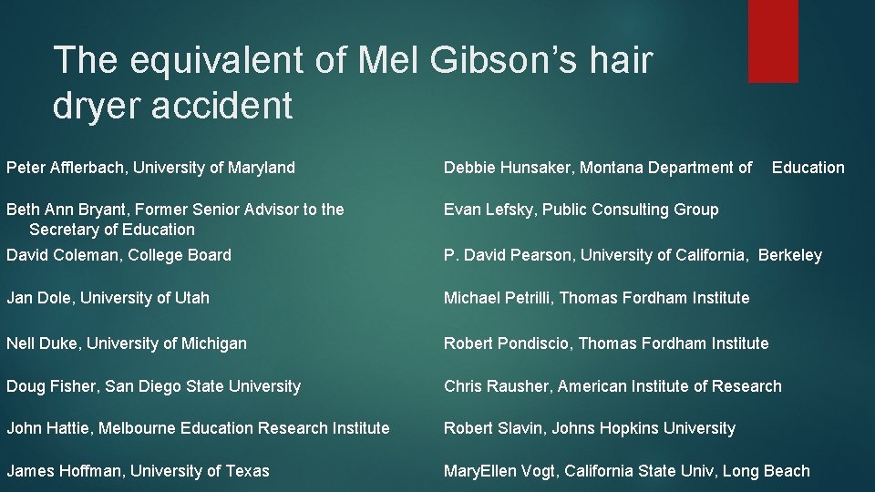 The equivalent of Mel Gibson’s hair dryer accident Peter Afflerbach, University of Maryland Debbie