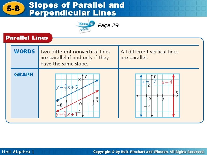 5 -8 Slopes of Parallel and Perpendicular Lines Page 29 Holt Algebra 1 