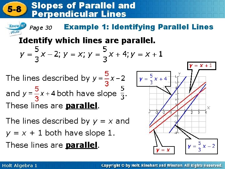 5 -8 Slopes of Parallel and Perpendicular Lines Page 30 Example 1: Identifying Parallel