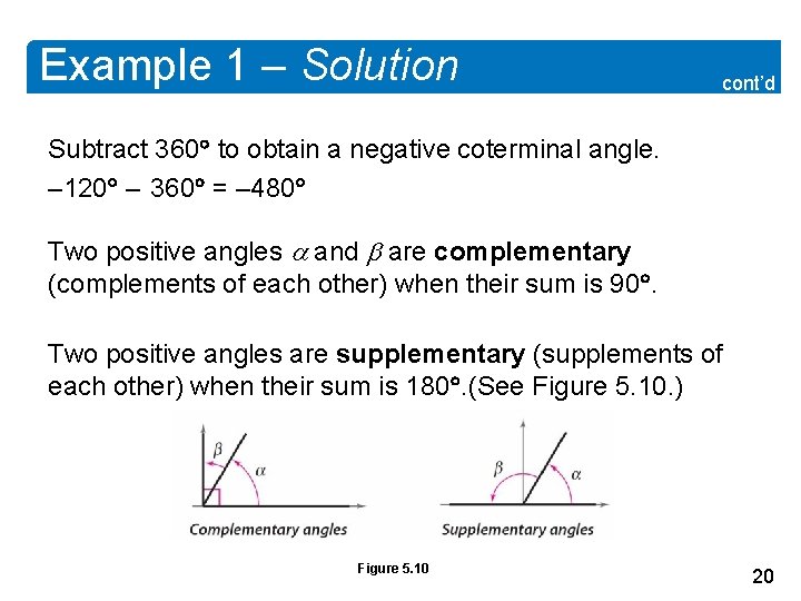 Example 1 – Solution cont’d Subtract 360 to obtain a negative coterminal angle. –